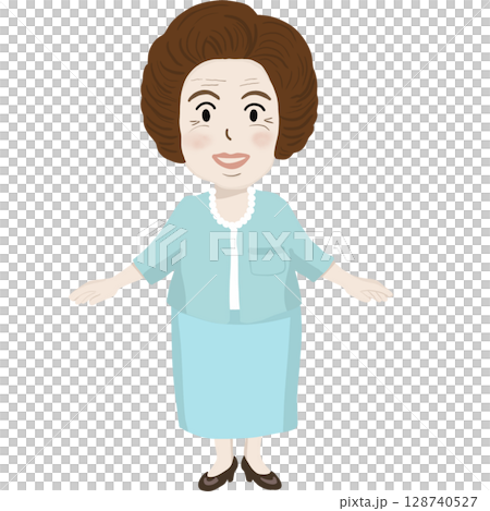 A cute cartoon illustration of an elderly woman wearing a mint outfit and spread her arms. A cute cartoon illustration of an elderly woman wearing a mint outfit and spread her arms. 128740527