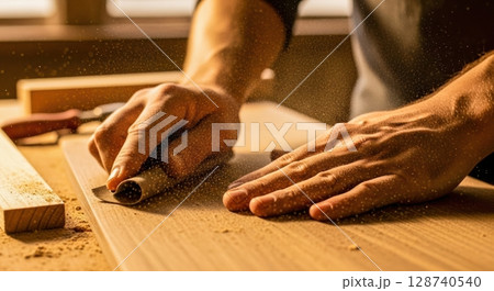 サンドペーパーで木を削るDIY風景 サンドペーパーで木を削るDIY風景 128740540