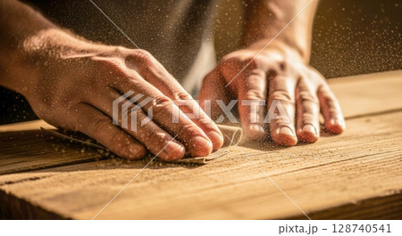 サンドペーパーで木を削るDIY風景 128740541