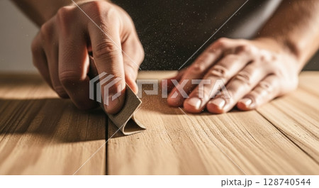 サンドペーパーで木を削るDIY風景 サンドペーパーで木を削るDIY風景 128740544