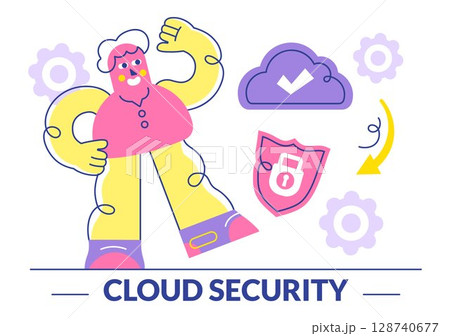 Digital Cloud Security Vector Illustration Featuring Safety and Data Protection for Networks, Internet, Hosting, and Backup Servers in a Technological 128740677
