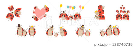 Cute Happy Ladybug Family with Cheerful Mother, Father and Their Baby Vector Set Cute Happy Ladybug Family with Cheerful Mother, Father and Their Baby Vector Set 128740739