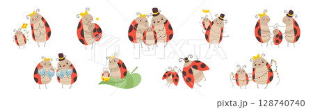 Cute Happy Ladybug Family with Cheerful Mother, Father and Their Baby Vector Set Cute Happy Ladybug Family with Cheerful Mother, Father and Their Baby Vector Set 128740740