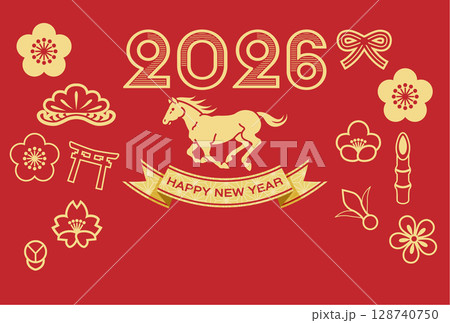 2026年賀状テンプレート - 馬と縁起物アイコン　赤色背景 128740750