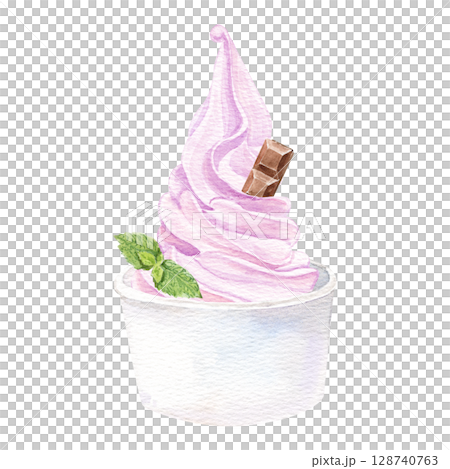 watercolor hand made iillustration wirh berries ice cream with chocolate, mint in a cup watercolor hand made iillustration wirh berries ice cream with chocolate, mint in a cup 128740763