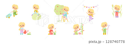 Adorable Little Girl Farmer Work in Garden Vector Set 128740778