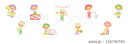 Adorable Little Boy Farmer Work in Garden Vector Set Adorable Little Boy Farmer Work in Garden Vector Set 128740785