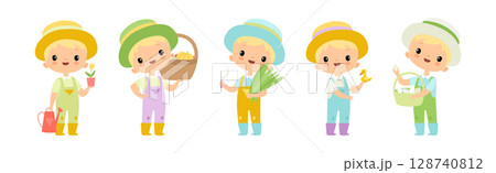 Adorable Little Boy Farmer Work in Garden Vector Set 128740812