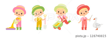Adorable Little Boy Farmer Work in Garden Vector Set 128740815