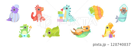 Cute Dinosaur Baby and Cub with Pretty Snout Vector Set 128740837
