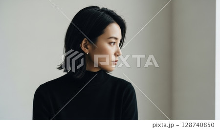 窓辺の黒タートルネック女性のポートレート写真 128740850