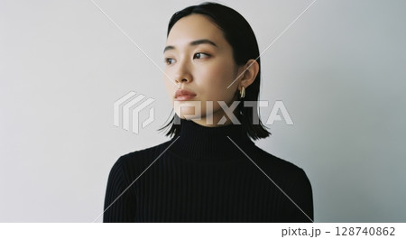 黒タートルの洗練された女性ポートレート 128740862