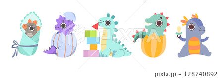 Cute Dinosaur Baby and Cub with Pretty Snout Vector Set Cute Dinosaur Baby and Cub with Pretty Snout Vector Set 128740892