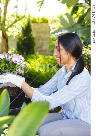 woman kneeling in backyard garden planting pink daisies with gloves and wheelbarrow, copy space 128741415