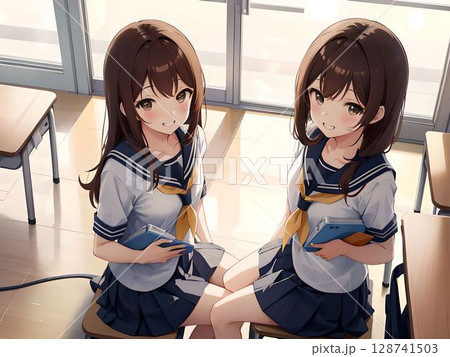 教室で並んで座るセーラー服の女子高生2人のイラスト 128741503