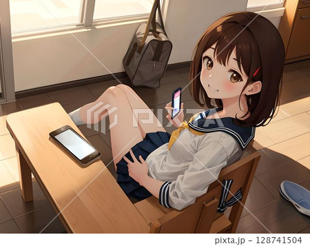 教室の席でスマートフォンを操作するセーラー服の女子高生のイラスト 128741504