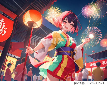 夏祭りで浴衣を着て、花火を楽しむ笑顔の女性のイラスト 128741521