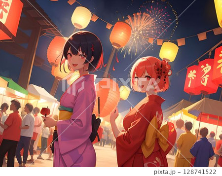 夏祭りで浴衣を着て、花火を楽しむ二人の女性のイラスト 128741522