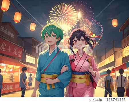最高の夏の思い出、花火が咲く夏祭りで微笑む浴衣のカップルのイラスト 128741523