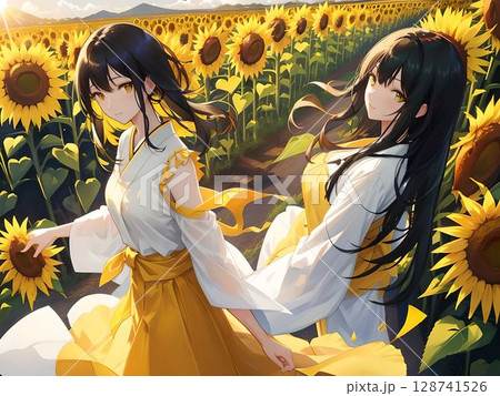夏のひまわり畑で、仲良く微笑む和服の双子の少女のイラスト 128741526