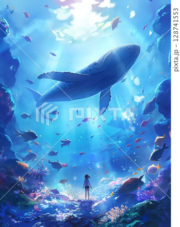 空を泳ぐクジラと少女が出会う、幻想的な海の世界のイラスト8 128741553
