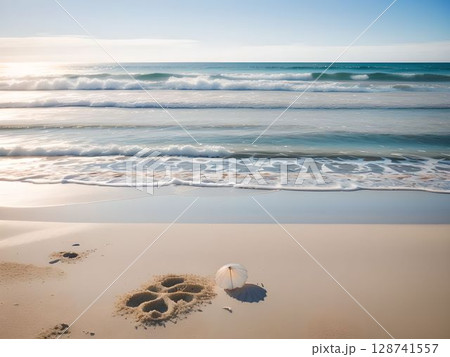 夏の思い出、犬と散歩した砂浜の足跡と海 128741557