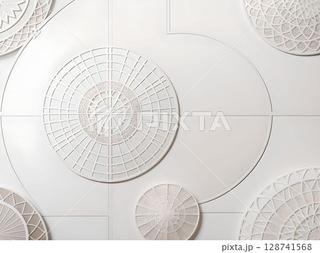 未来の美術館、白い壁に浮かぶ繊細な円形の切り絵アート 128741568