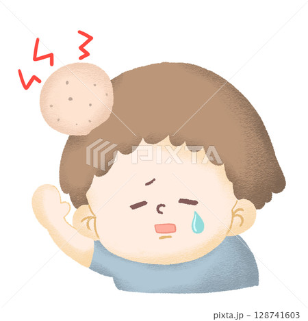 頭にたんこぶができて痛そうにしている子どものイラスト 128741603