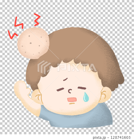 頭にたんこぶができて痛そうにしている子どものイラスト 128741603