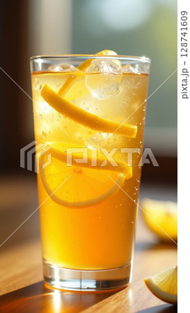 Refreshing Iced Lemon Tea with Sliced Citrus and Condensation in a Sunlit Glass 128741609