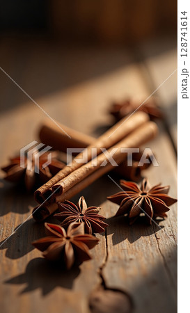 Cinnamon Sticks and Star Anise in Rustic Light on Wooden Table Cinnamon Sticks and Star Anise in Rustic Light on Wooden Table 128741614