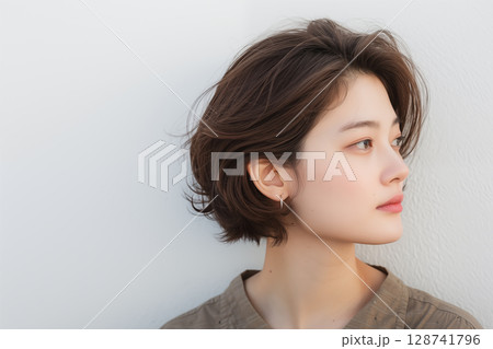 白い壁の前で横を向くショートヘアの若い日本人女性のポートレート 128741796