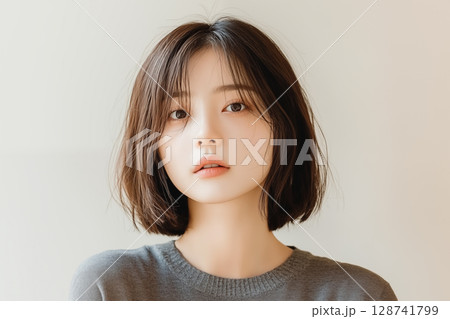 自然光の中で見つめるボブヘアの若い日本人女性のポートレート 128741799