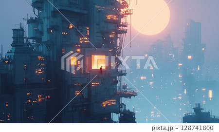 未来都市と夕日の中に佇む人物の幻想的な風景 128741800