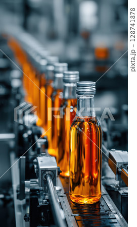 Row of glass bottles filled with amber liquid moves along automated bottling line in modern factory setting 128741878