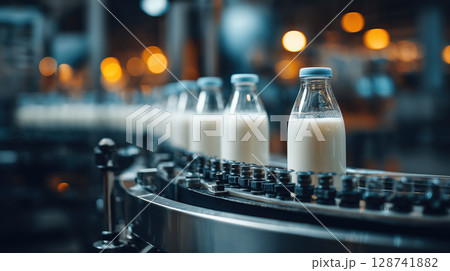 Milk bottles on automated packing line in modern factory, showcasing efficiency and precision 128741882