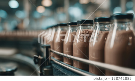 Row of chocolate milk bottles on automated bottling line in modern factory, showcasing efficiency and precision 128741883
