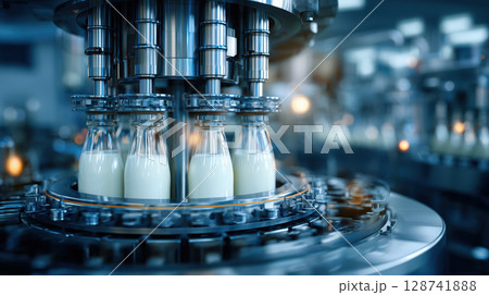 Automated milk filling line in modern factory with machinery, showcasing efficiency and precision 128741888