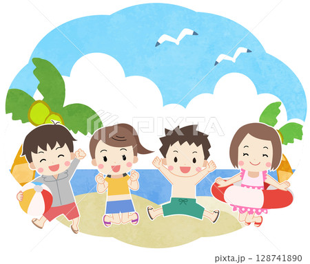 海でジャンプする子供たちのイラスト 海でジャンプする子供たちのイラスト 128741890