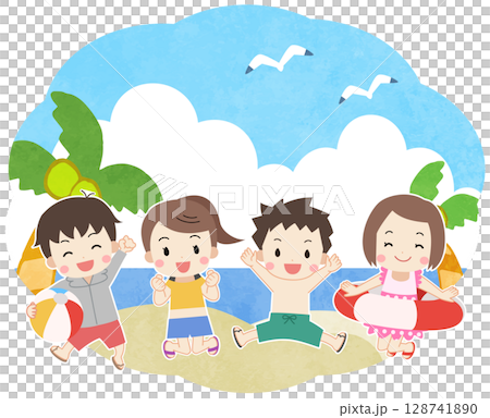 海でジャンプする子供たちのイラスト 海でジャンプする子供たちのイラスト 128741890