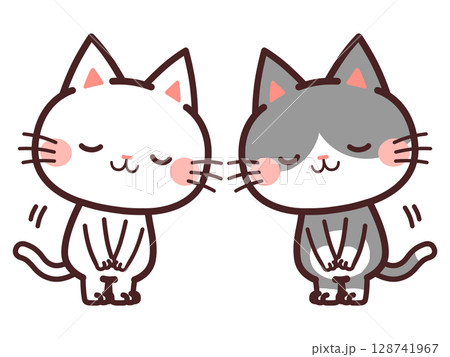 挨拶する猫のかわいいキャラクター　2匹　イラスト素材 128741967