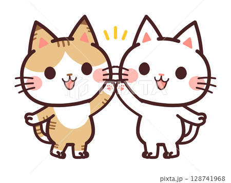 ハイタッチする猫のかわいいキャラクター　2匹　イラスト素材 128741968