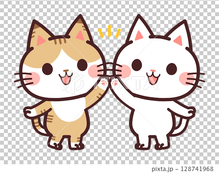 ハイタッチする猫のかわいいキャラクター　2匹　イラスト素材 128741968