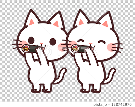 兩個可愛的貓咪角色吃惠方捲插畫素材 兩個可愛的貓咪角色吃惠方捲插畫素材 128741970