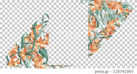 Rectangular frame made of branches of ripe juicy sea buckthorn. Isolated watercolor illustration for photo frames, tea menu, signs, postcards, drink labels, poster printing. Rectangular frame made of branches of ripe juicy sea buckthorn. Isolated watercolor illustration for photo frames, tea menu, signs, postcards, drink labels, poster printing. 128742065