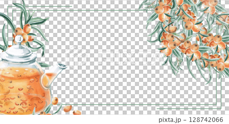 Rectangular frame of sea buckthorn branches and teapot with sea buckthorn-ginger tea. Isolated watercolor illustration for tea menu design, signs, postcards, drink labels, poster printing. Rectangular frame of sea buckthorn branches and teapot with sea buckthorn-ginger tea. Isolated watercolor illustration for tea menu design, signs, postcards, drink labels, poster printing. 128742066