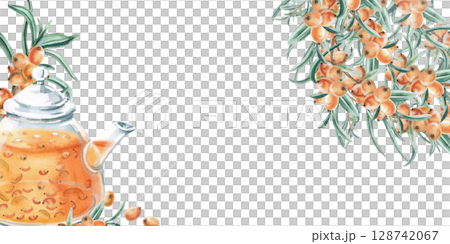 Rectangular frame of sea buckthorn branches and teapot with sea buckthorn tea. Isolated watercolor illustration for tea menu design, signs, postcards, drink labels, poster printing. Rectangular frame of sea buckthorn branches and teapot with sea buckthorn tea. Isolated watercolor illustration for tea menu design, signs, postcards, drink labels, poster printing. 128742067