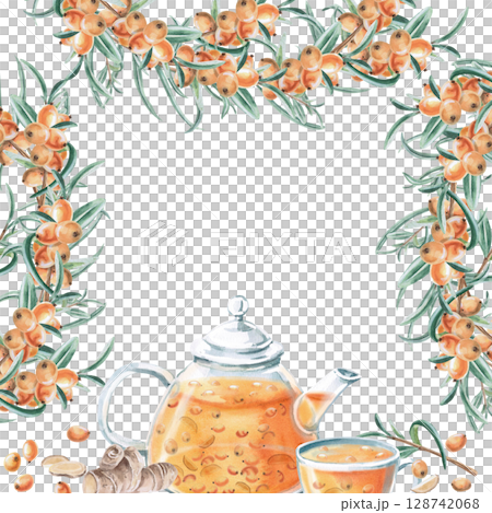 Square frame of sea buckthorn branches and teapot with sea buckthorn tea. Isolated watercolor illustration for tea menu design, signs, postcards, drink labels, poster printing. 128742068