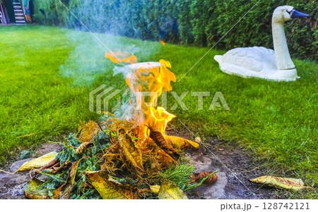 Campfire and smoke in the garden in Brest Belarus. 128742121