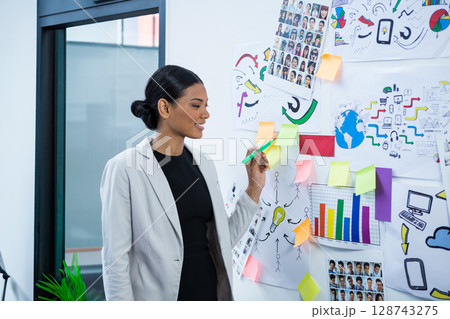 woman placing sticky note using green marker on whiteboard during office brainstorming, copy space 128743275
